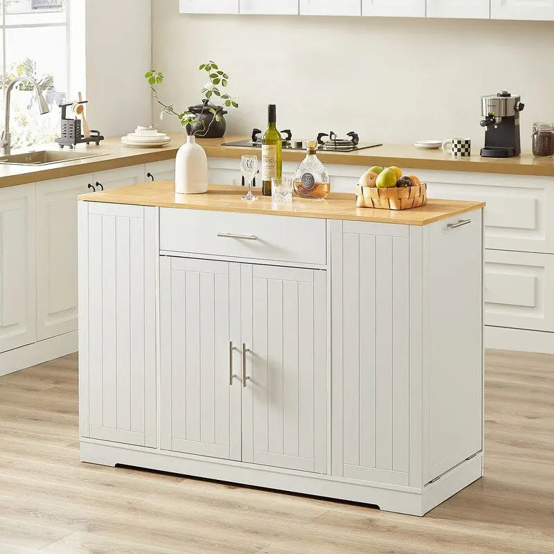 Îlot de cuisine de 135 cm avec tiroirs et poubelle intégrée. Design moderne de style ferme pour la cuisine et la salle à manger.