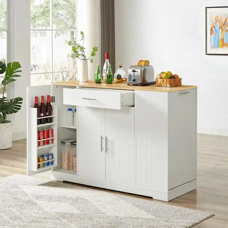 Îlot de cuisine de 135 cm avec tiroirs et poubelle intégrée. Design moderne de style ferme pour la cuisine et la salle à manger.