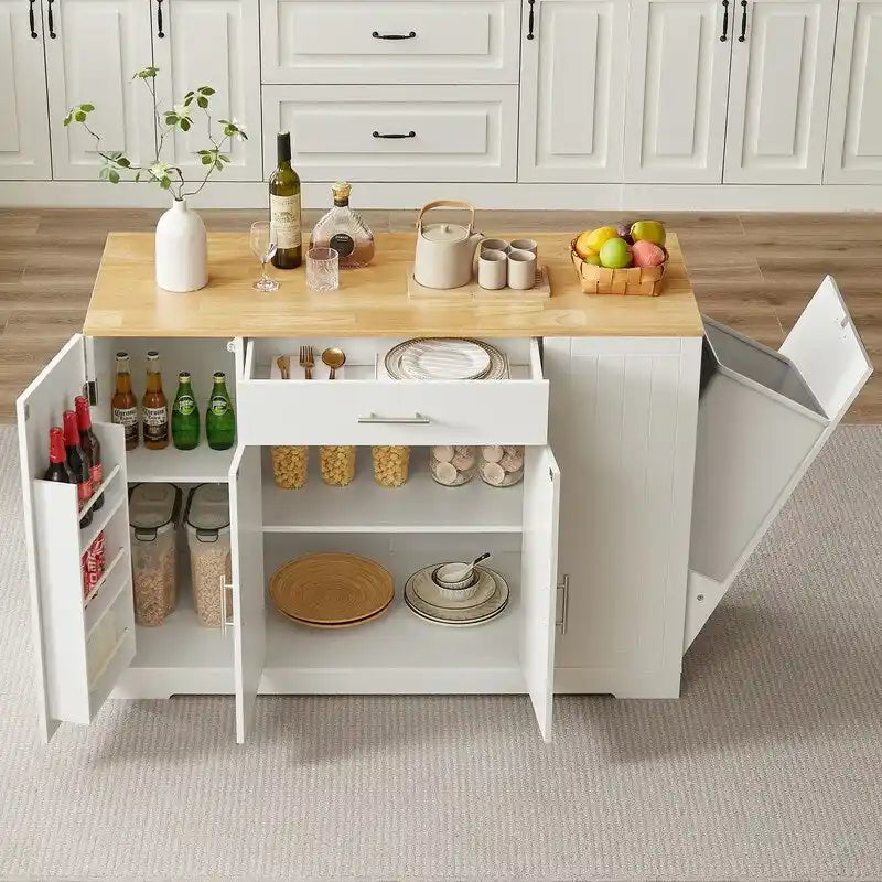 Îlot de cuisine de 135 cm avec tiroirs et poubelle intégrée. Design moderne de style ferme pour la cuisine et la salle à manger.