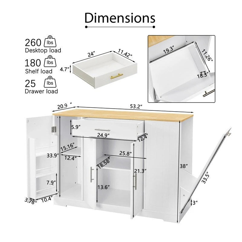 Îlot de cuisine de 135 cm avec tiroirs et poubelle intégrée. Design moderne de style ferme pour la cuisine et la salle à manger.
