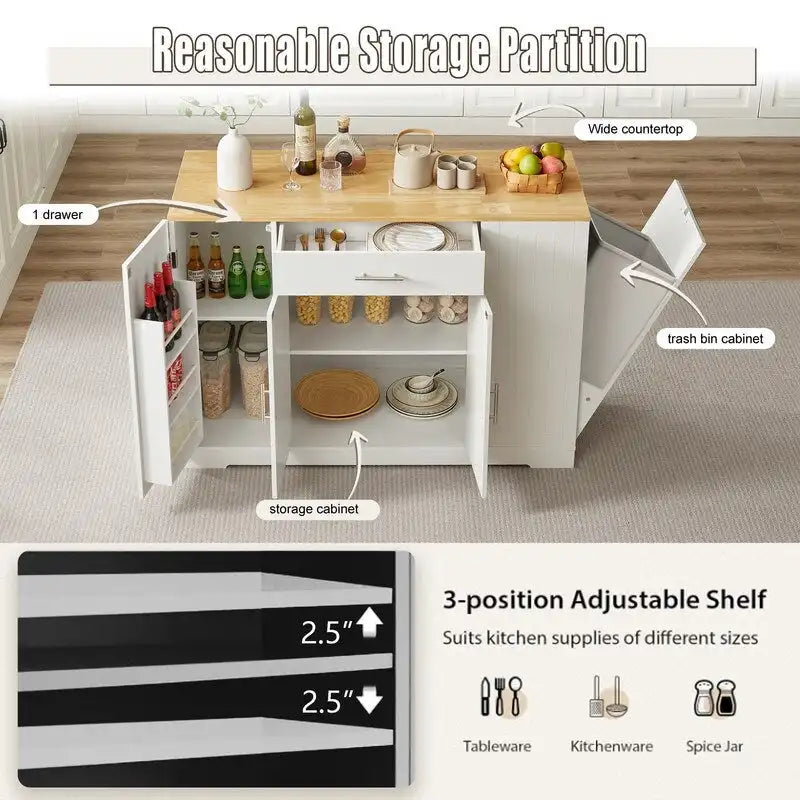 Îlot de cuisine de 135 cm avec tiroirs et poubelle intégrée. Design moderne de style ferme pour la cuisine et la salle à manger.