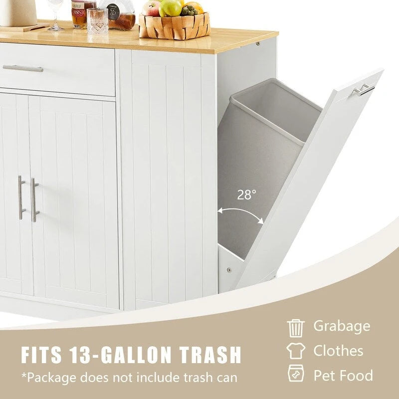 Îlot de cuisine de 135 cm avec tiroirs et poubelle intégrée. Design moderne de style ferme pour la cuisine et la salle à manger.