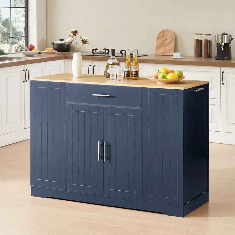 Îlot de cuisine de 135 cm avec tiroirs et poubelle intégrée. Design moderne de style ferme pour la cuisine et la salle à manger.