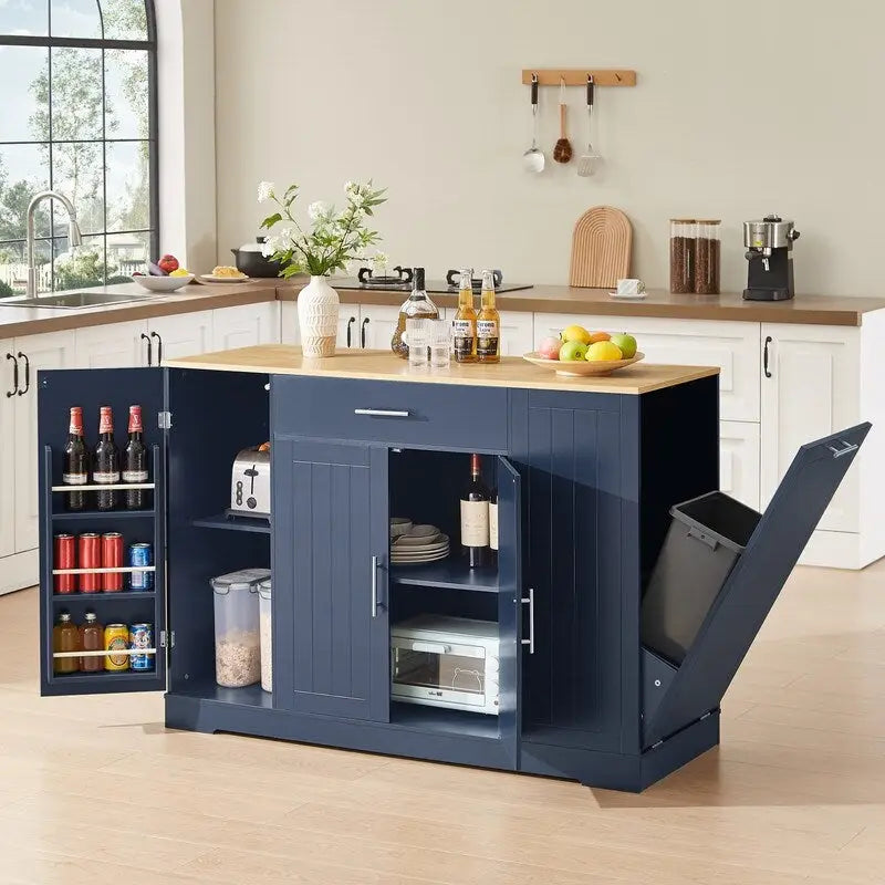 Îlot de cuisine de 135 cm avec tiroirs et poubelle intégrée. Design moderne de style ferme pour la cuisine et la salle à manger.