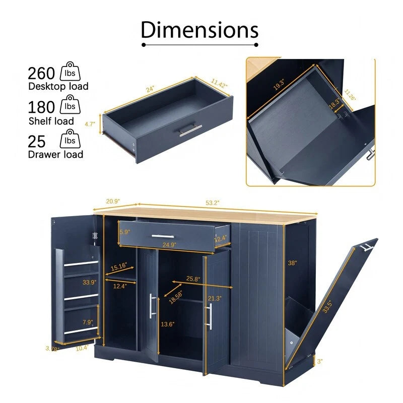 Îlot de cuisine de 135 cm avec tiroirs et poubelle intégrée. Design moderne de style ferme pour la cuisine et la salle à manger.