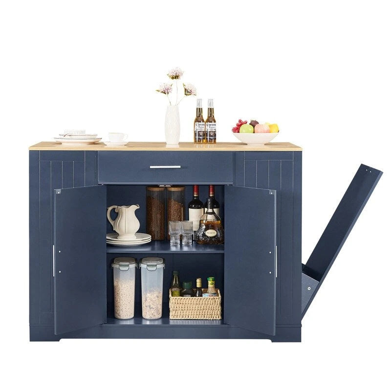 Îlot de cuisine de 135 cm avec tiroirs et poubelle intégrée. Design moderne de style ferme pour la cuisine et la salle à manger.