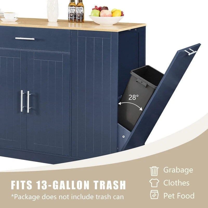 Îlot de cuisine de 135 cm avec tiroirs et poubelle intégrée. Design moderne de style ferme pour la cuisine et la salle à manger.