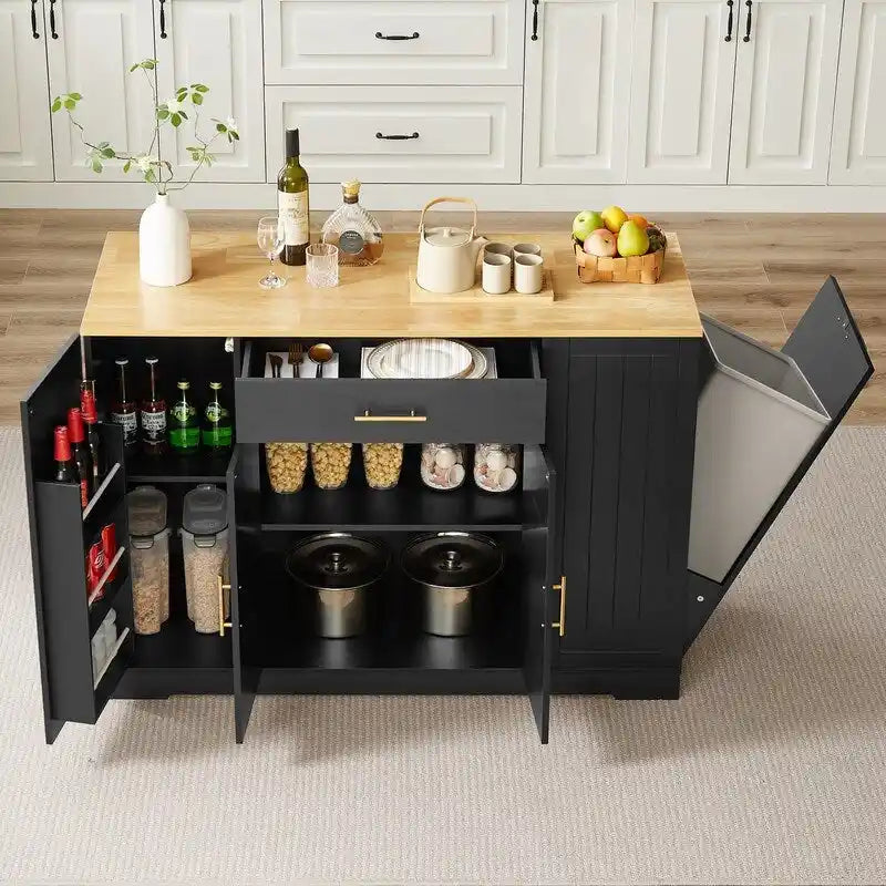 Îlot de cuisine de 135 cm avec tiroirs et poubelle intégrée. Design moderne de style ferme pour la cuisine et la salle à manger.
