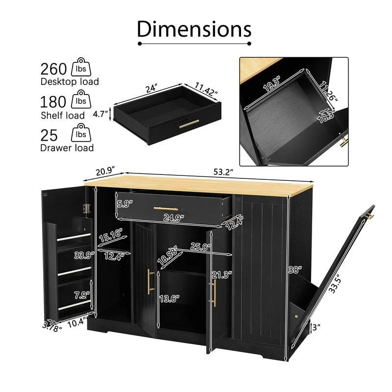 Îlot de cuisine de 135 cm avec tiroirs et poubelle intégrée. Design moderne de style ferme pour la cuisine et la salle à manger.