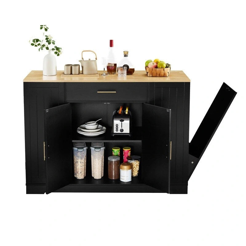Îlot de cuisine de 135 cm avec tiroirs et poubelle intégrée. Design moderne de style ferme pour la cuisine et la salle à manger.