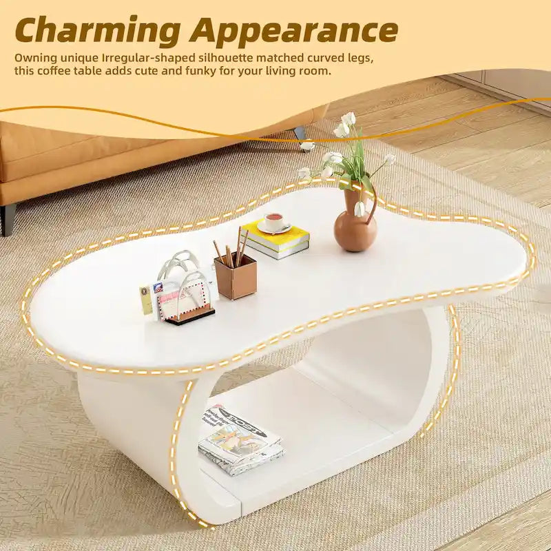 Table basse moderne Cloud avec plateau de 3,8 cm d'épaisseur, table d'appoint irrégulière de style crème avec pieds incurvés, table d'appoint au design unique