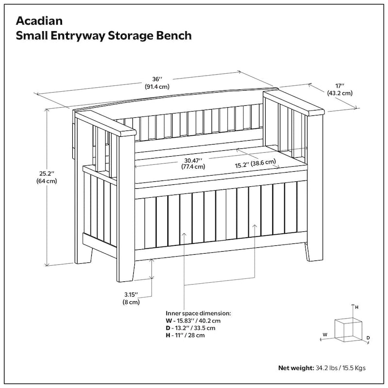 WYNDENHALL Normandy Banc de rangement de petite taille en bois massif, 36 po de large, style transitoire