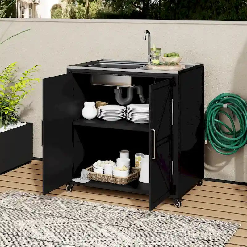 Évier de cuisine d'extérieur mobile, station évier de cuisine modulaire de patio avec armoire
