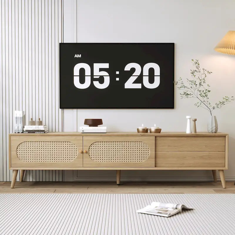 Meuble TV pour téléviseurs jusqu'à 80 pouces, Console multimédia moderne, Meuble de divertissement avec pieds en bois, Meuble TV pour salon