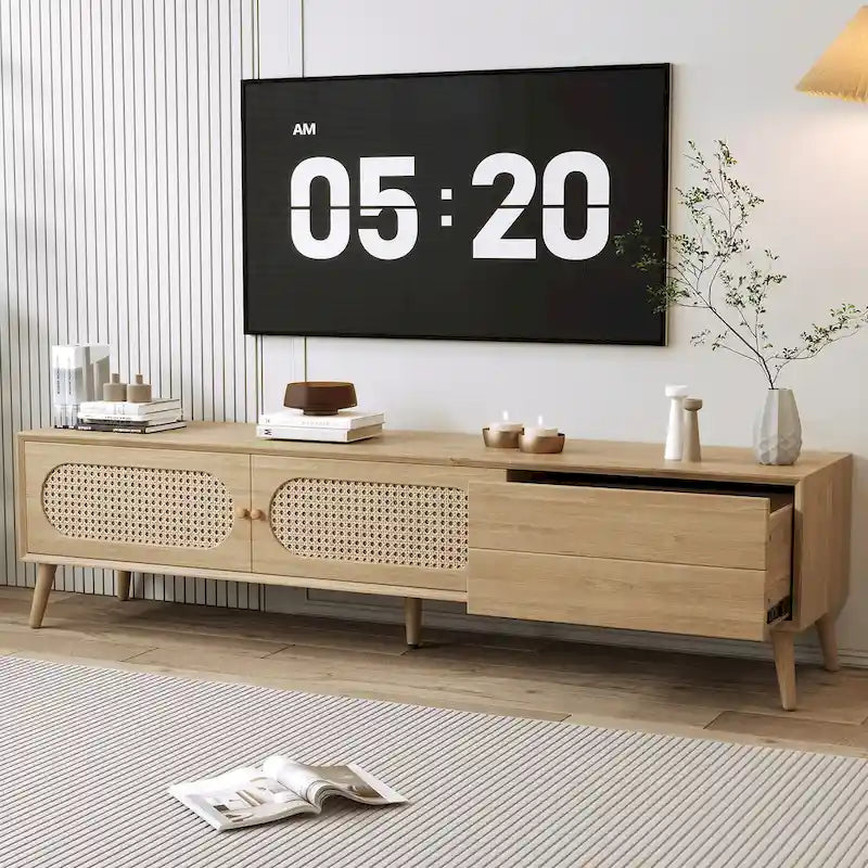 Meuble TV pour téléviseurs jusqu'à 80 pouces, Console multimédia moderne, Meuble de divertissement avec pieds en bois, Meuble TV pour salon