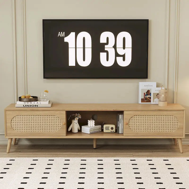 Meuble TV pour téléviseurs jusqu'à 80 pouces, Console multimédia moderne, Meuble de divertissement avec pieds en bois, Meuble TV pour salon