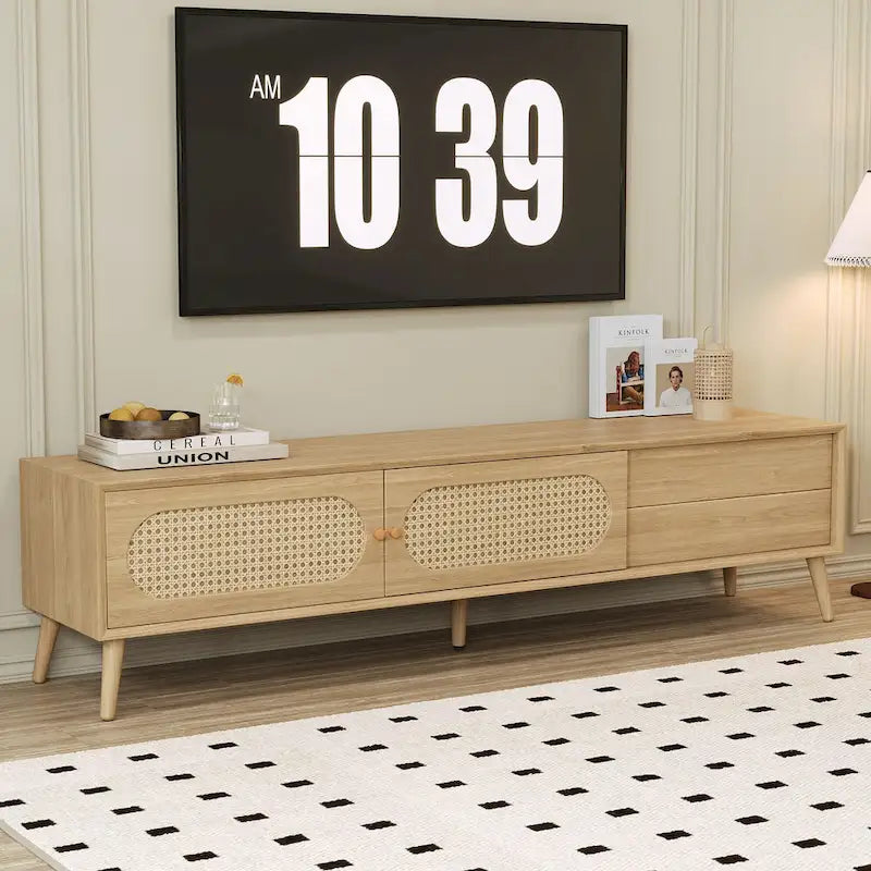 Meuble TV pour téléviseurs jusqu'à 80 pouces, Console multimédia moderne, Meuble de divertissement avec pieds en bois, Meuble TV pour salon