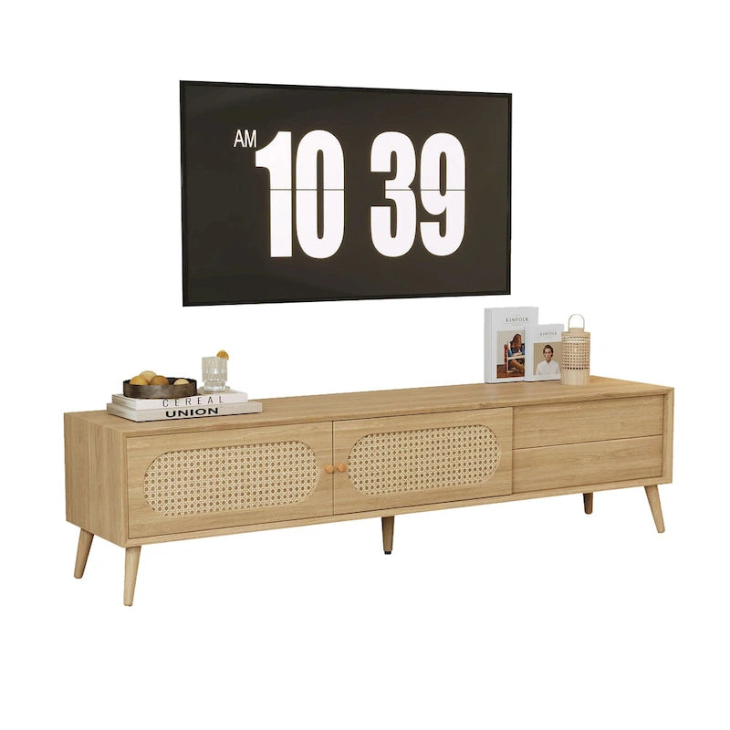 Meuble TV pour téléviseurs jusqu'à 80 pouces, Console multimédia moderne, Meuble de divertissement avec pieds en bois, Meuble TV pour salon