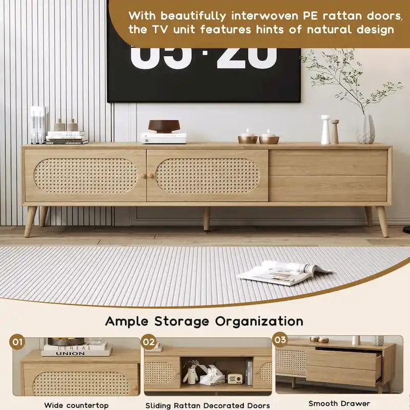 Meuble TV pour téléviseurs jusqu'à 80 pouces, Console multimédia moderne, Meuble de divertissement avec pieds en bois, Meuble TV pour salon