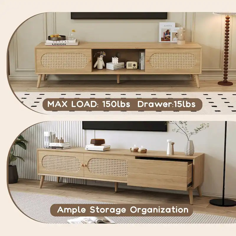 Meuble TV pour téléviseurs jusqu'à 80 pouces, Console multimédia moderne, Meuble de divertissement avec pieds en bois, Meuble TV pour salon