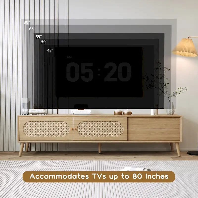 Meuble TV pour téléviseurs jusqu'à 80 pouces, Console multimédia moderne, Meuble de divertissement avec pieds en bois, Meuble TV pour salon
