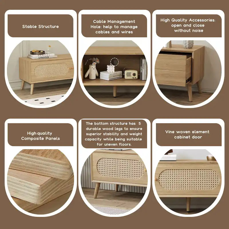Meuble TV pour téléviseurs jusqu'à 80 pouces, Console multimédia moderne, Meuble de divertissement avec pieds en bois, Meuble TV pour salon