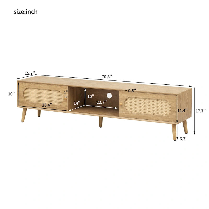 Meuble TV pour téléviseurs jusqu'à 80 pouces, Console multimédia moderne, Meuble de divertissement avec pieds en bois, Meuble TV pour salon