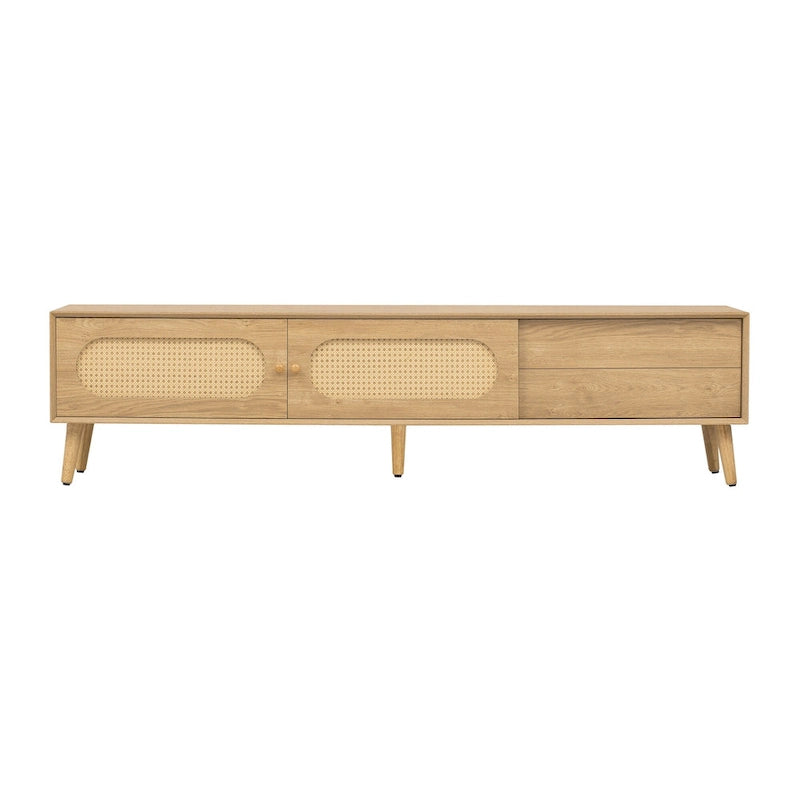 Meuble TV pour téléviseurs jusqu'à 80 pouces, Console multimédia moderne, Meuble de divertissement avec pieds en bois, Meuble TV pour salon