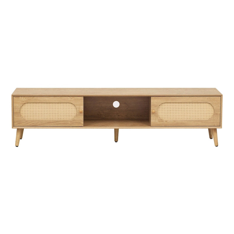 Meuble TV pour téléviseurs jusqu'à 80 pouces, Console multimédia moderne, Meuble de divertissement avec pieds en bois, Meuble TV pour salon