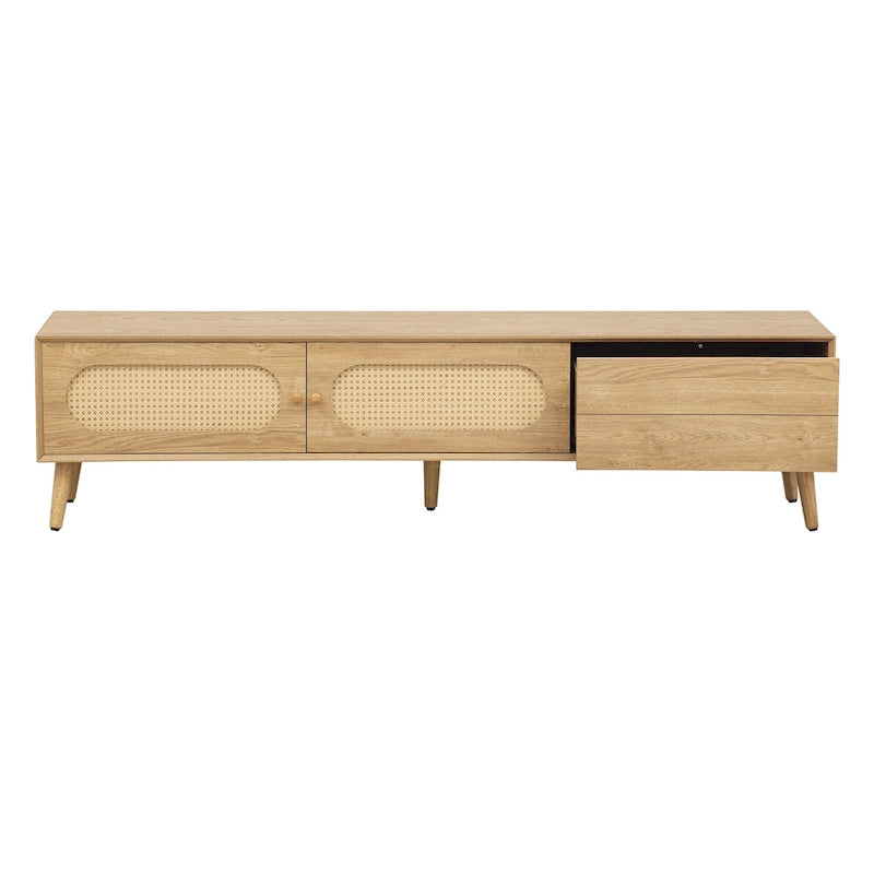 Meuble TV pour téléviseurs jusqu'à 80 pouces, Console multimédia moderne, Meuble de divertissement avec pieds en bois, Meuble TV pour salon