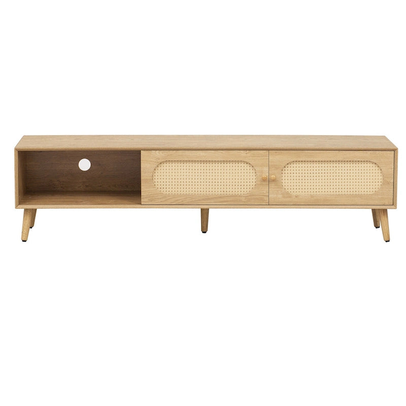 Meuble TV pour téléviseurs jusqu'à 80 pouces, Console multimédia moderne, Meuble de divertissement avec pieds en bois, Meuble TV pour salon