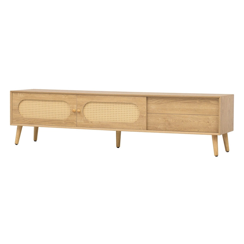 Meuble TV pour téléviseurs jusqu'à 80 pouces, Console multimédia moderne, Meuble de divertissement avec pieds en bois, Meuble TV pour salon