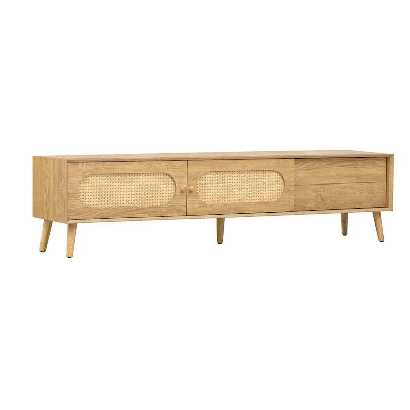 Meuble TV pour téléviseurs jusqu'à 80 pouces, Console multimédia moderne, Meuble de divertissement avec pieds en bois, Meuble TV pour salon