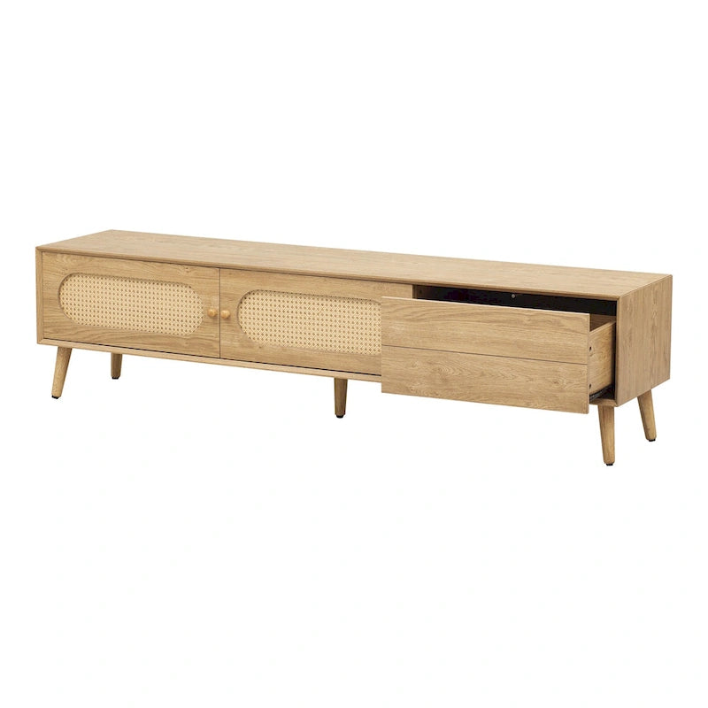 Meuble TV pour téléviseurs jusqu'à 80 pouces, Console multimédia moderne, Meuble de divertissement avec pieds en bois, Meuble TV pour salon
