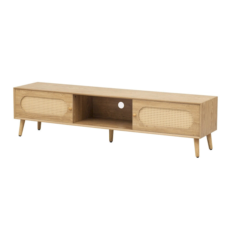 Meuble TV pour téléviseurs jusqu'à 80 pouces, Console multimédia moderne, Meuble de divertissement avec pieds en bois, Meuble TV pour salon