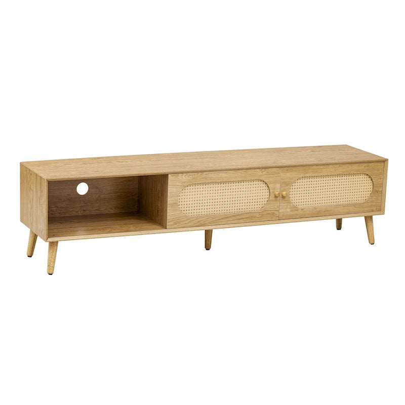 Meuble TV pour téléviseurs jusqu'à 80 pouces, Console multimédia moderne, Meuble de divertissement avec pieds en bois, Meuble TV pour salon