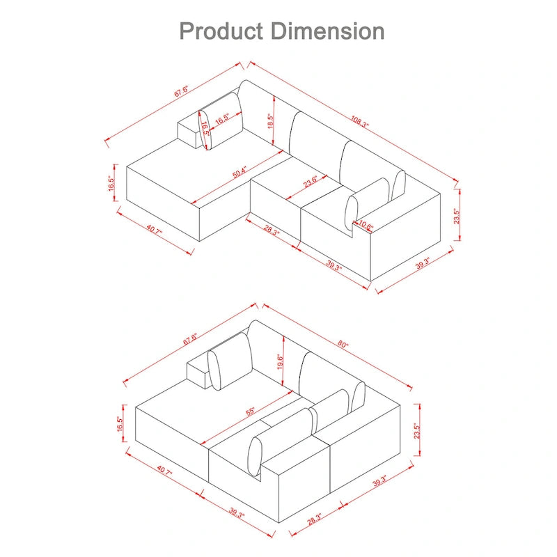Canapé d'angle modulaire en forme de L de 108,3 pouces avec méridienne