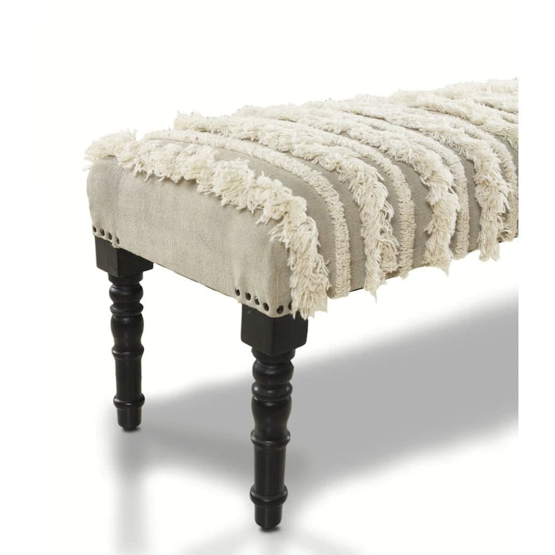 Banc de chambre à coucher en bois et coton rembourré à motif rayé et clous décoratifs - 16 P x 47 L x 18 H