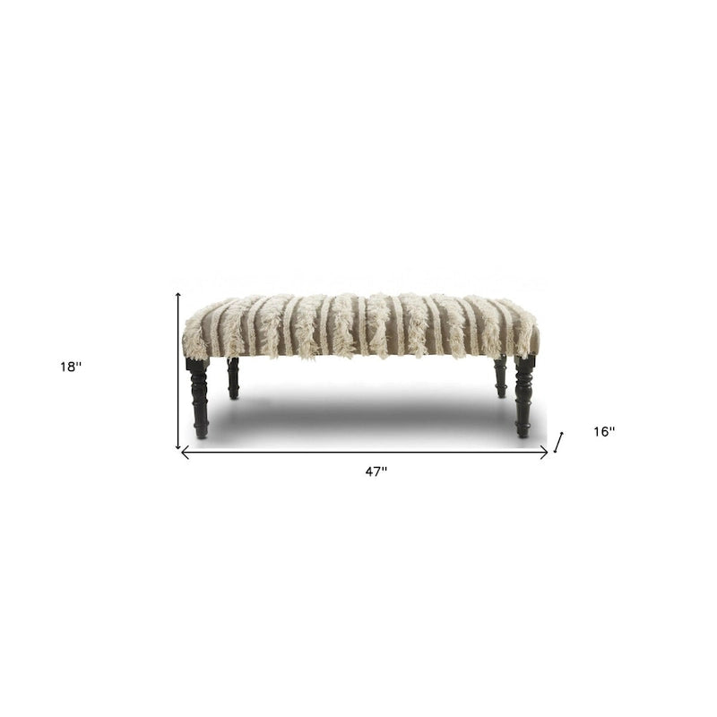 Banc de chambre à coucher en bois et coton rembourré à motif rayé et clous décoratifs - 16 P x 47 L x 18 H
