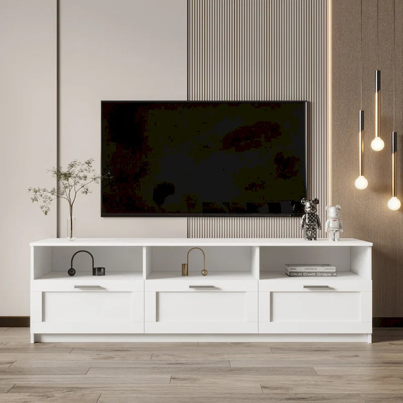 Meuble TV blanc 70 po avec rangement ouvert et tiroirs pour salon