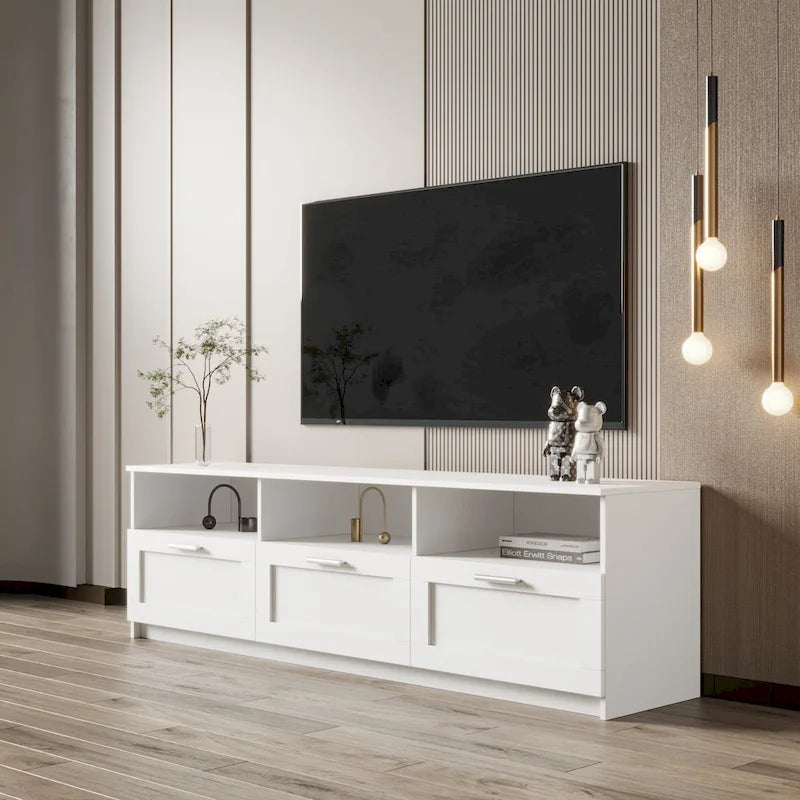 Meuble TV blanc 70 po avec rangement ouvert et tiroirs pour salon