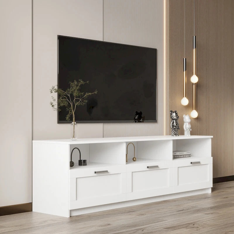 Meuble TV blanc 70 po avec rangement ouvert et tiroirs pour salon