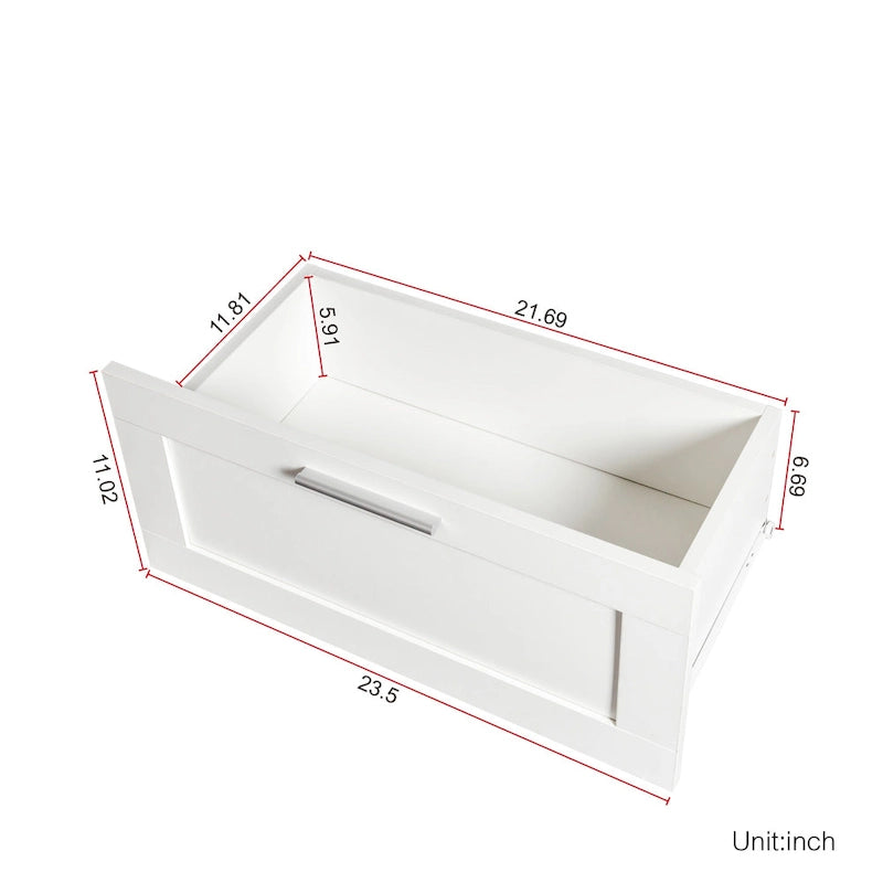 Meuble TV blanc 70 po avec rangement ouvert et tiroirs pour salon