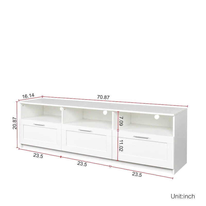 Meuble TV blanc 70 po avec rangement ouvert et tiroirs pour salon