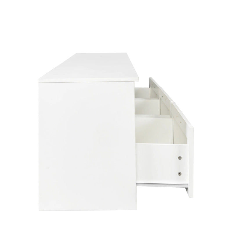 Meuble TV blanc 70 po avec rangement ouvert et tiroirs pour salon