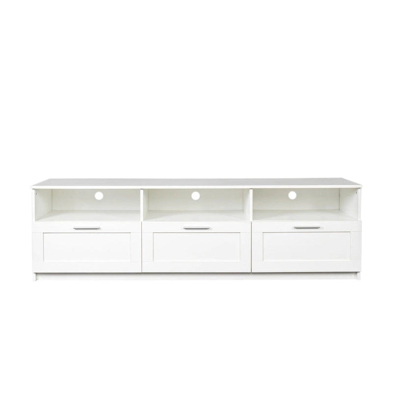 Meuble TV blanc 70 po avec rangement ouvert et tiroirs pour salon