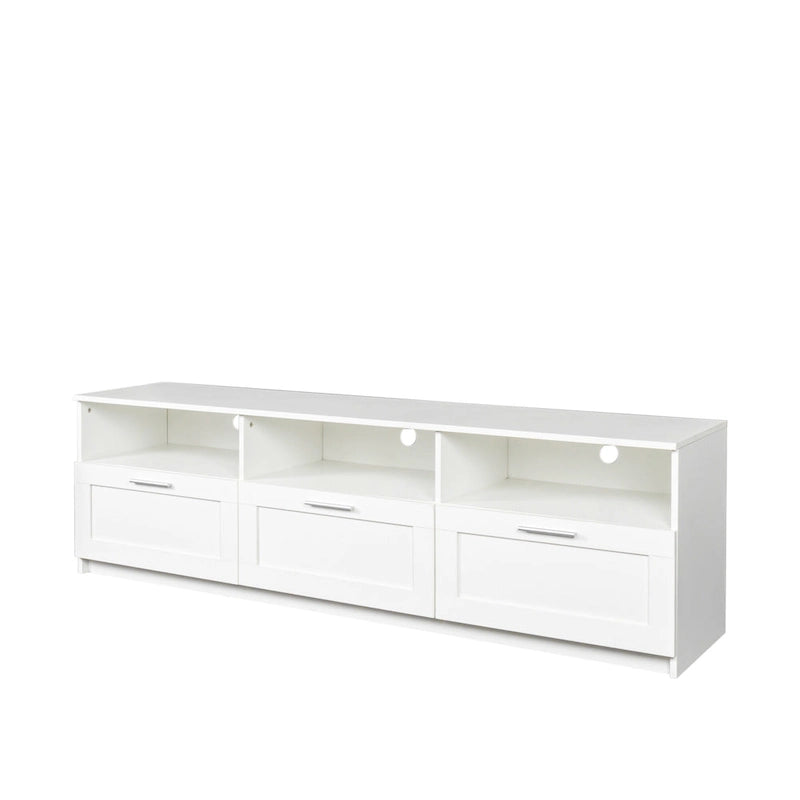 Meuble TV blanc 70 po avec rangement ouvert et tiroirs pour salon