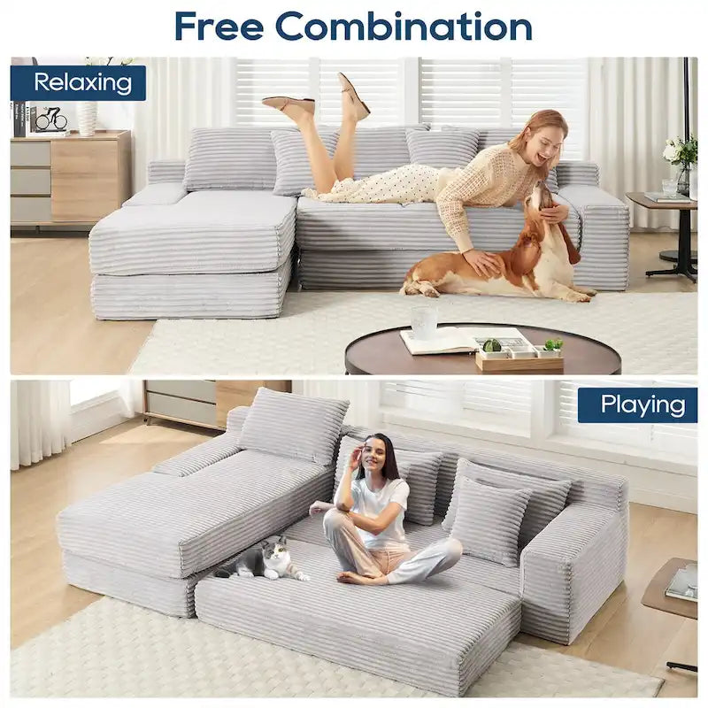 Canapé d'angle en velours côtelé en forme de L avec mousse à mémoire de forme, cadre en acier et aucun assemblage requis, convertible en lit.
