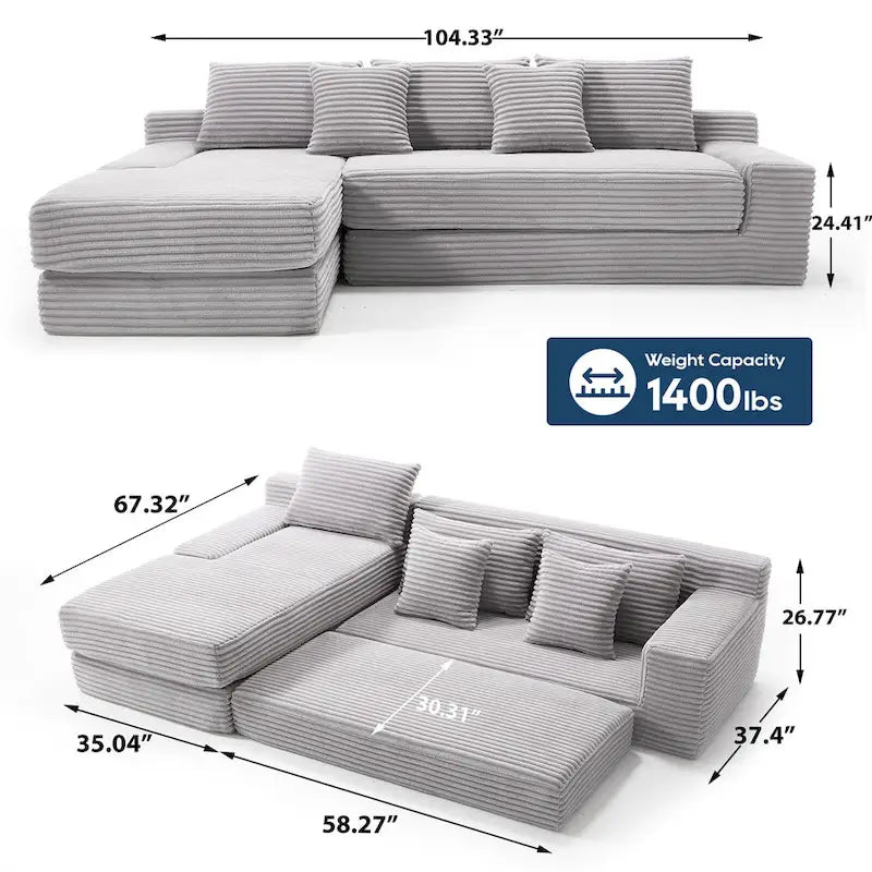Canapé d'angle en velours côtelé en forme de L avec mousse à mémoire de forme, cadre en acier et aucun assemblage requis, convertible en lit.