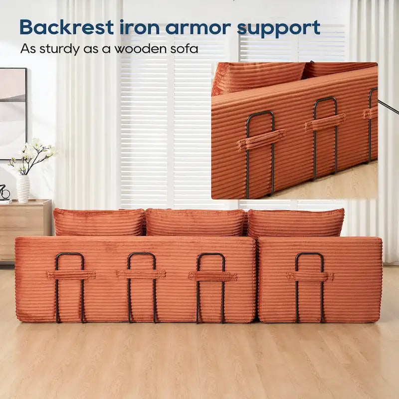 Canapé d'angle en velours côtelé en forme de L avec mousse à mémoire de forme, cadre en acier et aucun assemblage requis, convertible en lit.